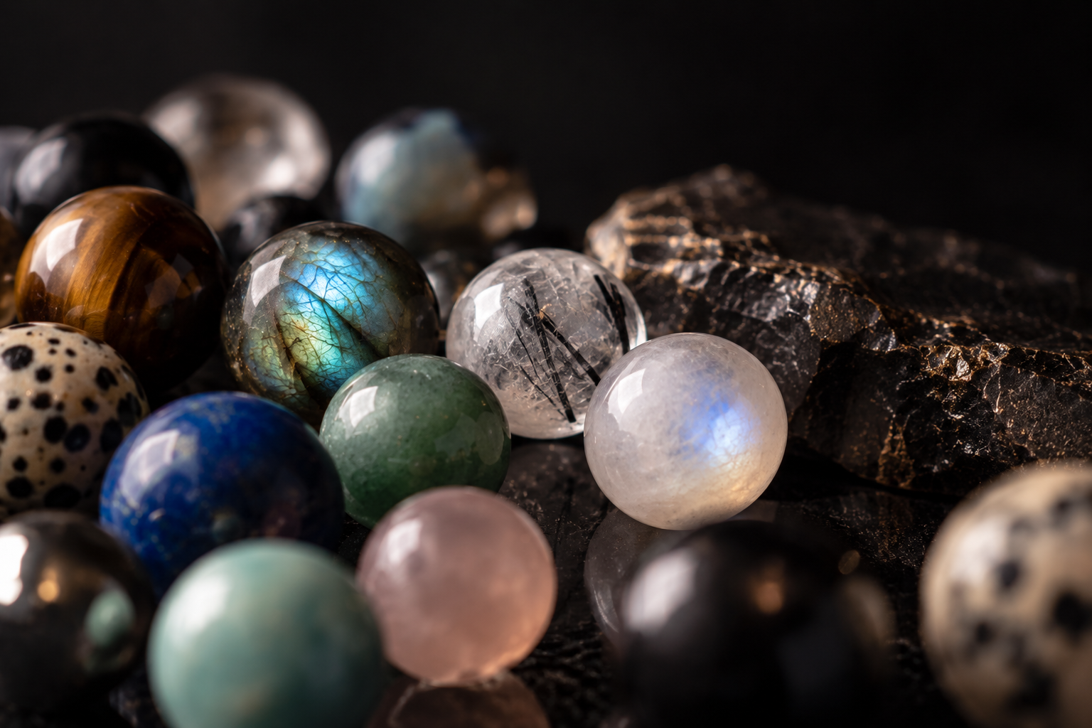 Sélection de perles en pierres naturelles aux couleurs et caractéristiques variées